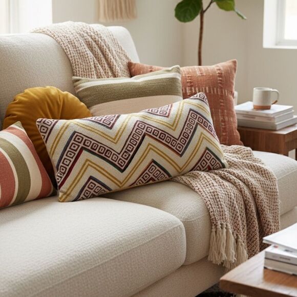 Anthropologie Hand-Embroidered Wool Pillow Cover – Geometric Zigzag, 12”x35” - Picture 1 of 9